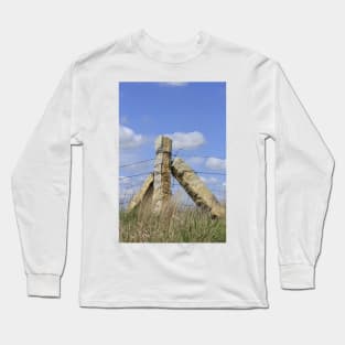 Kansas Limestone Corner Post with Prairie grass and blue sky and white cloud's. Long Sleeve T-Shirt